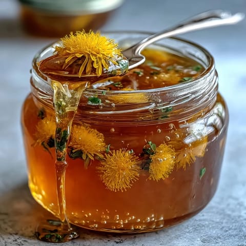 Vibrant golden dandelion jelly in a clear jar, spread on warm toast with visible flower petals for a delicate, floral sweetness.