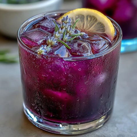 A refreshing purple lavender lemonade with citrus and floral notes, served over ice with fresh lavender sprigs.