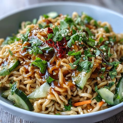 Chilled sesame noodles topped with crisp cucumber, carrots, and fresh herbs, drizzled with savory sesame sauce in a colorful bowl.