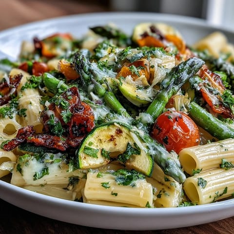 Colorful Spring Pasta Primavera with fresh vegetables, herbs, and Parmesan in a light lemon sauce.