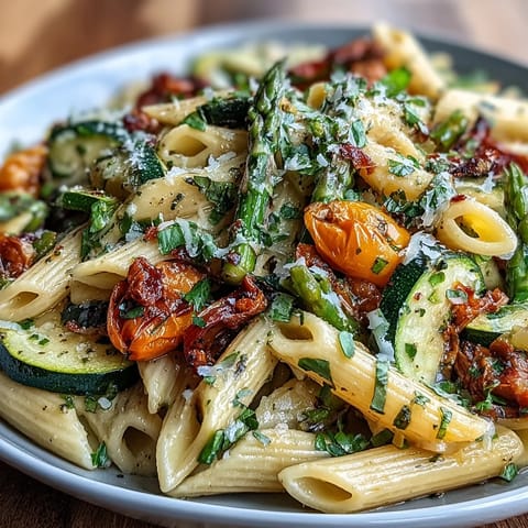 Vibrant Spring Pasta Primavera featuring crisp asparagus, zucchini, and cherry tomatoes tossed with penne and herbs.