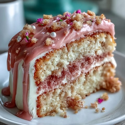 Delicate rosé-infused pink velvet cake topped with rich cream cheese frosting and edible gold drip decoration.  