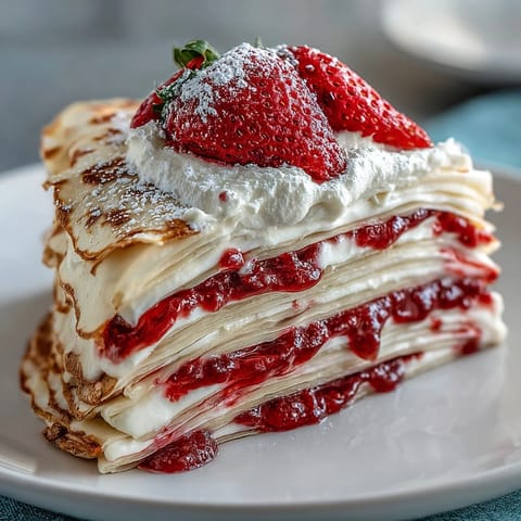 A beautiful layered Mother's Day crêpe cake with strawberry mascarpone cream filling, topped with fresh berries and mint.