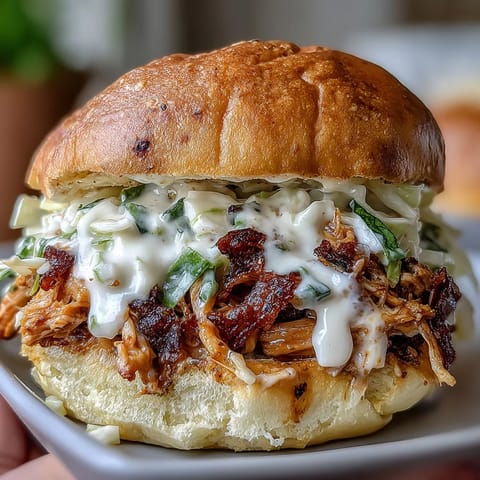 Juicy smoked pulled chicken sandwiches glistening with creamy white BBQ sauce.