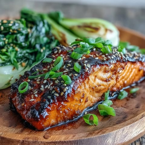 Miso Glazed Salmon with Sesame Bok Choy, an elegant dish, perfectly seared.