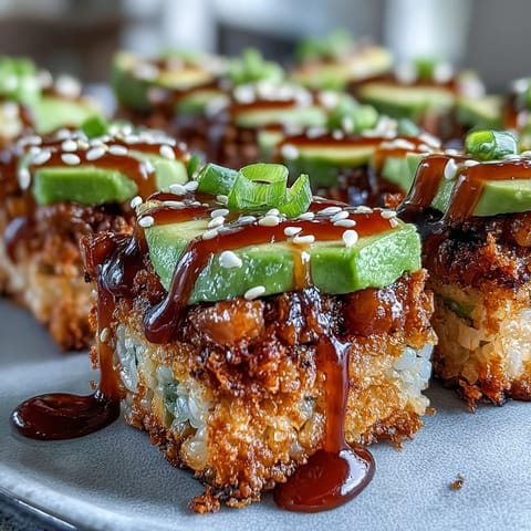 A viral appetizer: spicy tuna crispy rice bites with avocado, a party favorite.