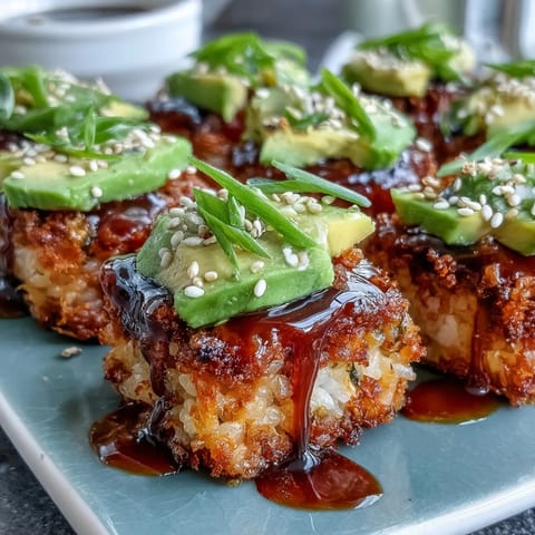 Crispy Spicy Tuna Rice Bites: golden fried rice topped with vibrant, creamy tuna mix.