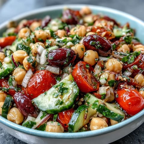 Fresh Mediterranean Chickpea Salad with lemon, olives, and feta, perfect for lunch.