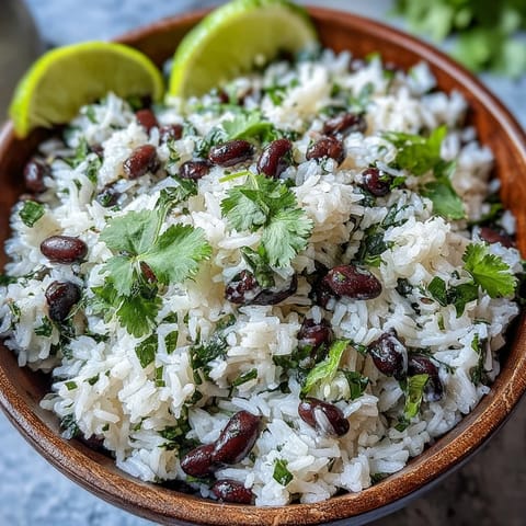 Fluffy Coconut Lime Rice with Cilantro and Black Beans, ready to serve.