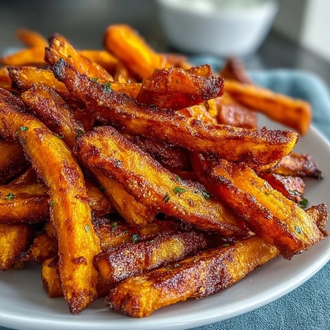 Crispy air fryer sweet potato fries alongside creamy, smoky chipotle aioli dip.