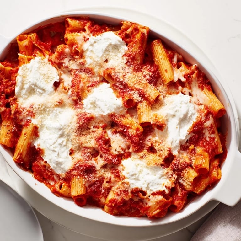 Spoon serving up a cheesy portion of Baked Ziti, highlighting layers of pasta, ricotta, and savory tomato sauce.