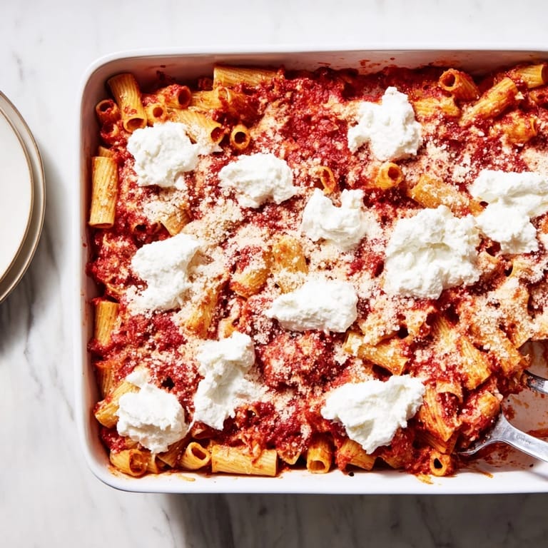 Family-style Baked Ziti served hot in a ceramic baking dish, ready to be scooped onto plates for dinner.