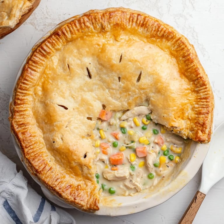 Close-up of a rustic Chicken Pot Pie, revealing a creamy filling of tender chicken, peas, carrots, and corn.