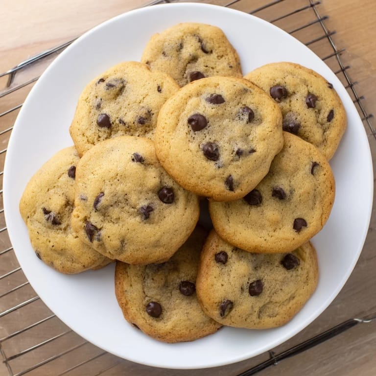 Freshly baked Chocolate Chip Cookies are stacked on a white plate next to a glass of milk.