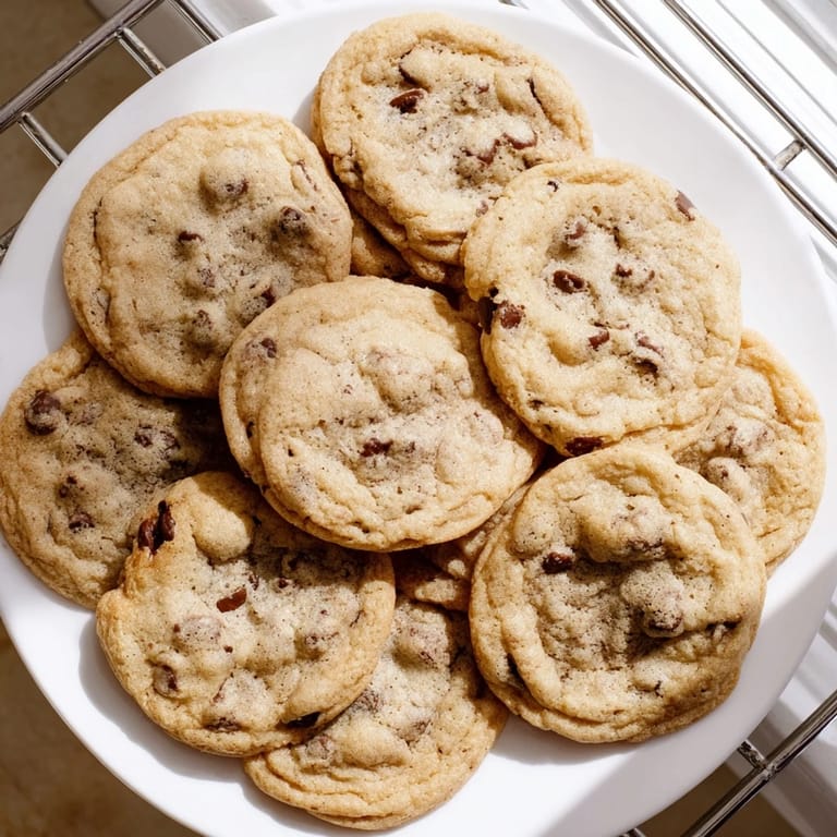 A close-up of warm Chocolate Chip Cookies reveals a chewy center and gooey chocolate puddles.
