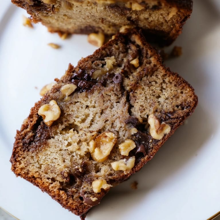Freshly baked Banana Bread with chopped walnuts and chocolate chips on a wooden cutting board.