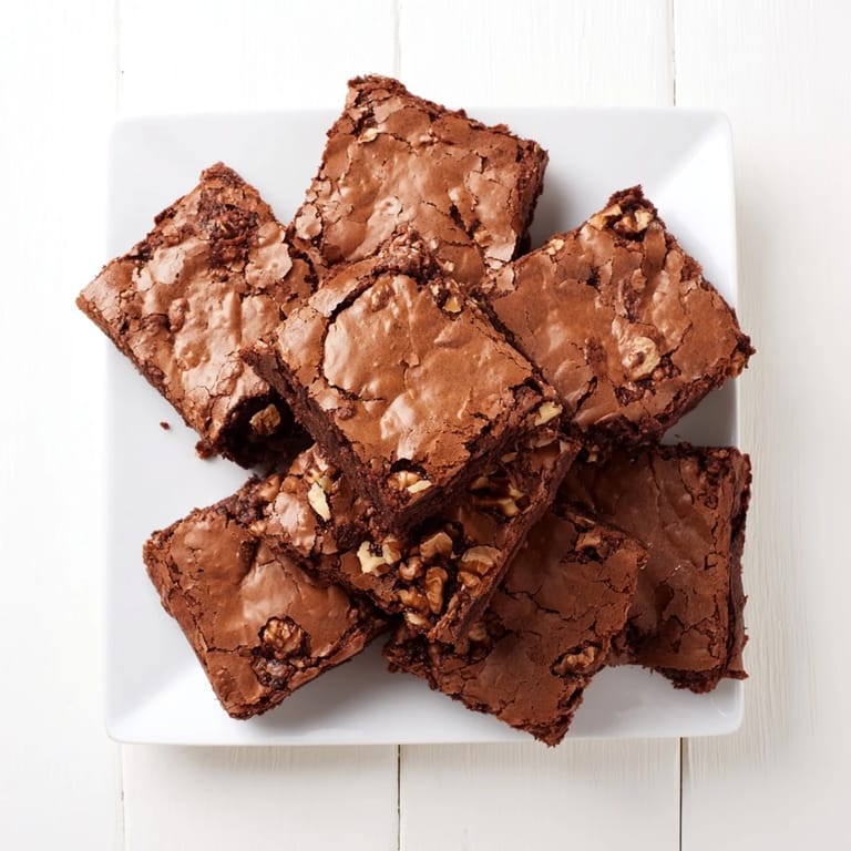 Decadent brownies topped with melted chocolate chips and chopped walnuts on a rustic wooden board.
