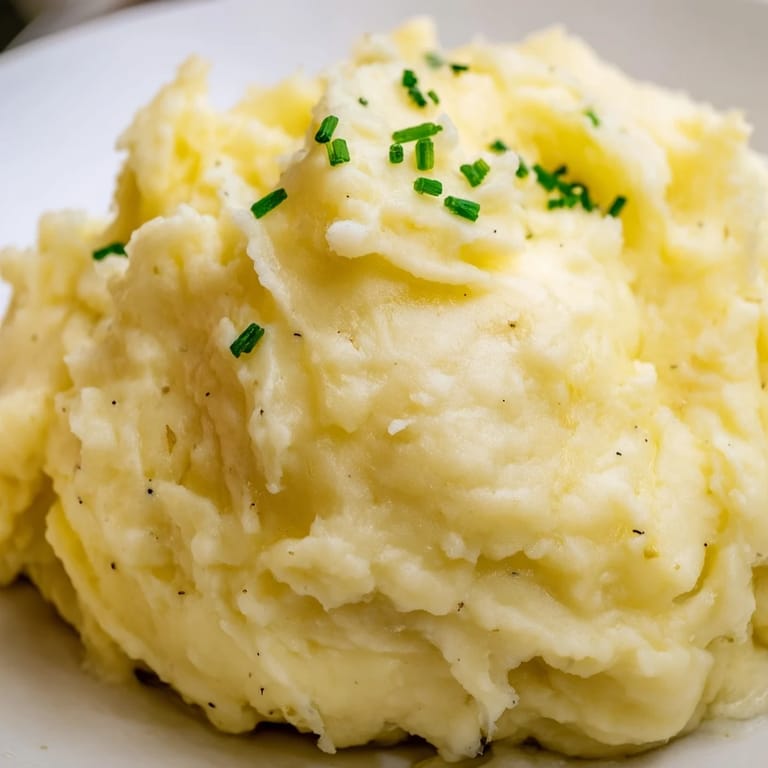 Ultra-smooth, creamy Mashed Potatoes made with butter and milk, ready to serve alongside roasted chicken at a family dinner.