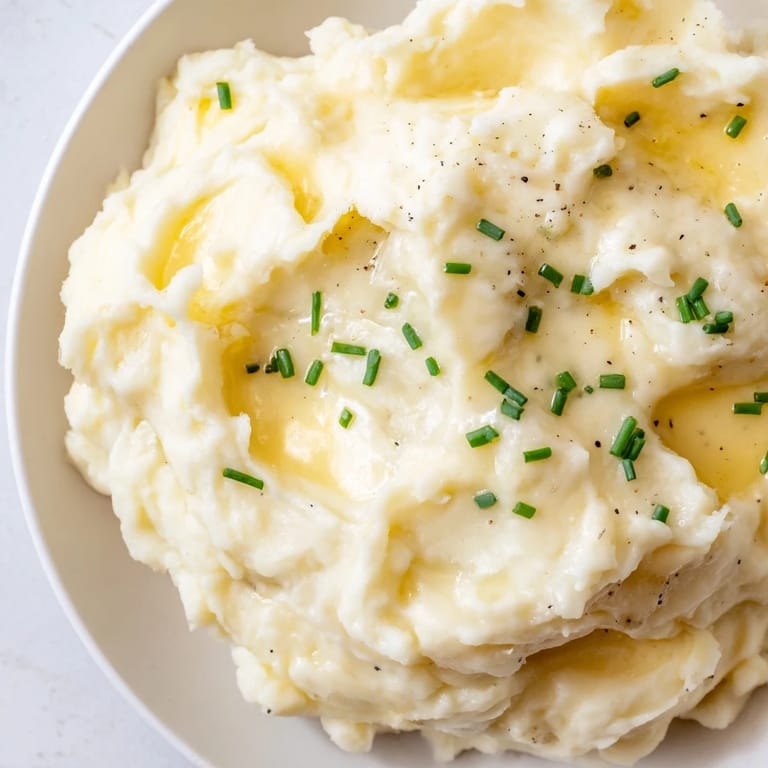 A white serving bowl filled with buttery Mashed Potatoes, garnished with fresh chopped chives and a pat of melting butter.