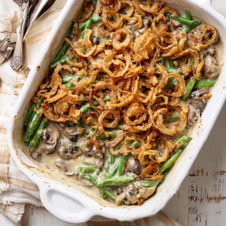 Green Bean Casserole served bubbling hot, perfect alongside roasted turkey for holiday dinners.