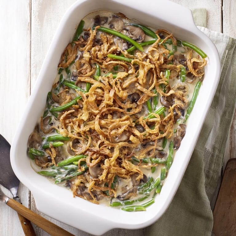 Fresh green beans baked in a creamy sauce, topped with golden crispy onions.