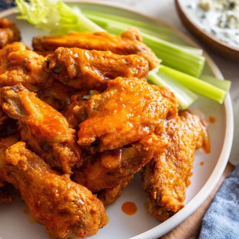 Homemade Buffalo Wings fresh from the fryer, dripping with spicy orange sauce and paired with blue cheese dip.