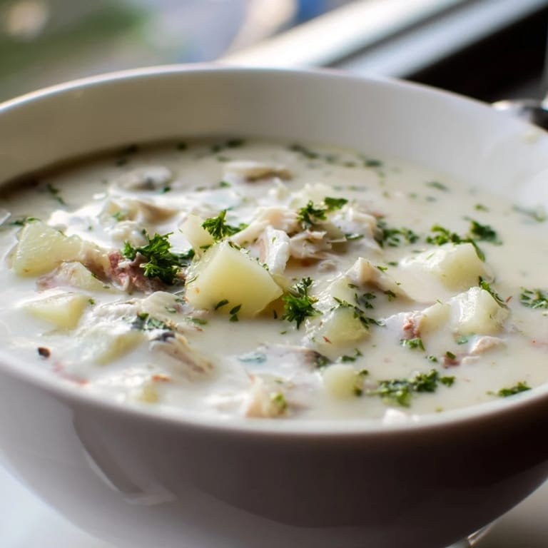 A ladle of rich Clam Chowder served hot, garnished with parsley and crackers.