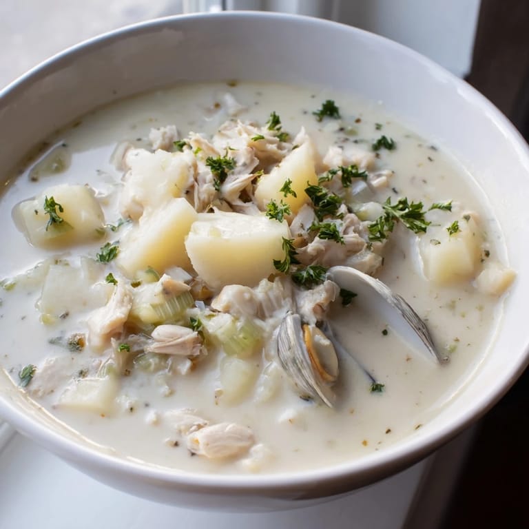 Homemade Clam Chowder in a white bowl, steam rising from the creamy soup.