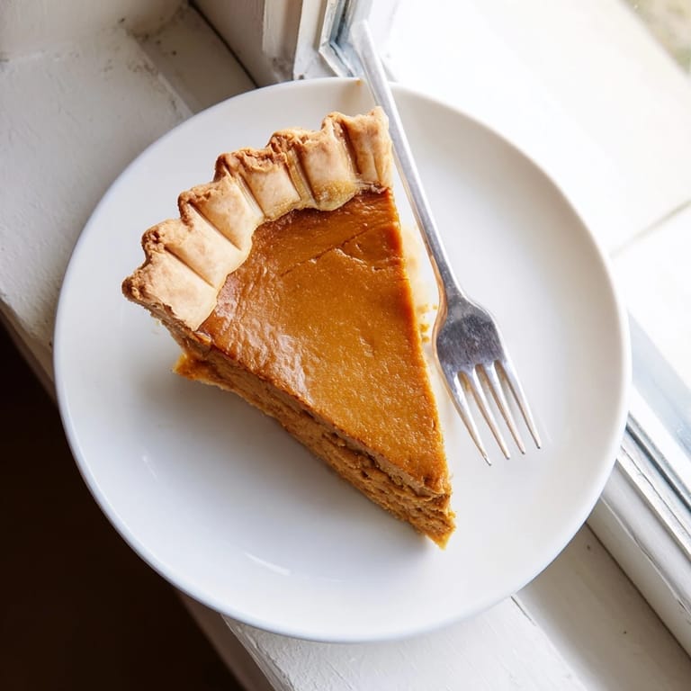 Slice of creamy Pumpkin Pie topped with a dollop of whipped cream on a festive Thanksgiving dessert plate.