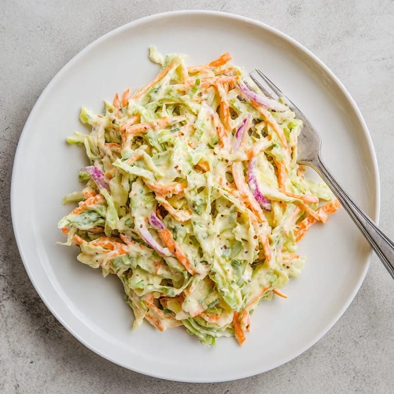 Vibrant Coleslaw made with green cabbage, shredded carrots, and creamy dressing served alongside grilled chicken.