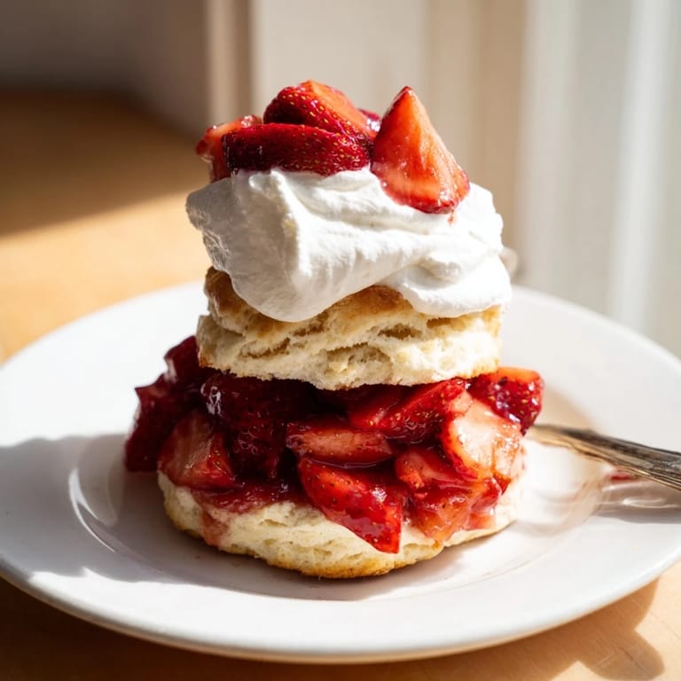 Stacked Strawberry Shortcake with sugared strawberries and hand-whipped cream, perfect for a summer dessert.