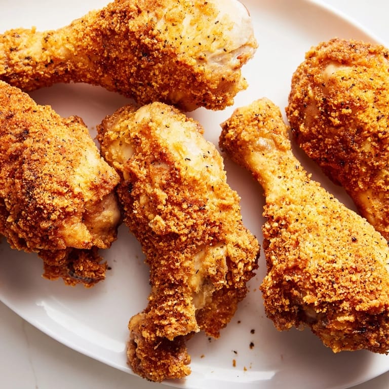 Homemade Southern fried chicken stacked on a plate with crispy edges, steam rising and a side of hot sauce.