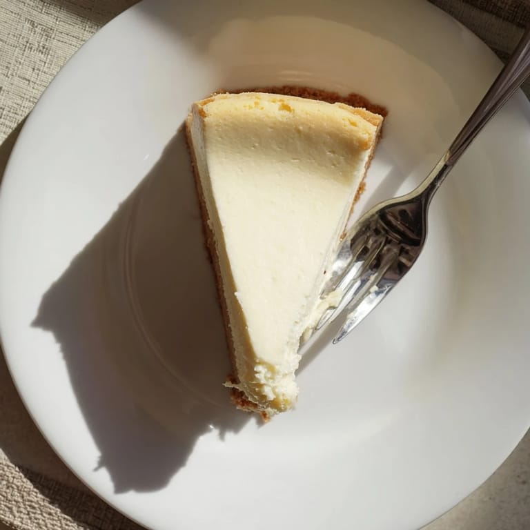 Chilled, velvety New York Cheesecake sliced into wedges, revealing a dense texture and crumbly base.