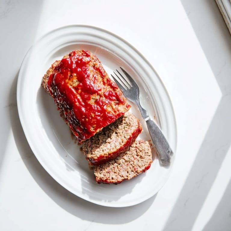 Freshly baked Meatloaf resting on a wooden cutting board, showing its tender ground beef interior and glossy brown sugar ketchup topping.
