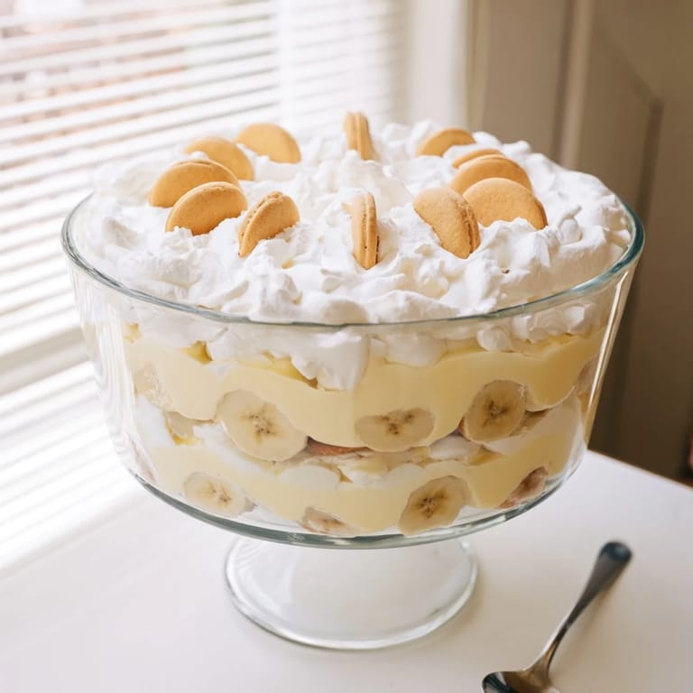 Close-up of Banana Pudding showcasing smooth vanilla custard, sliced bananas, and golden wafer cookies.