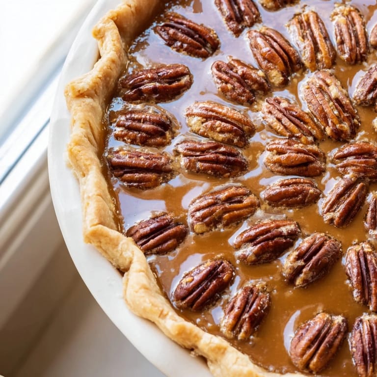 A slice of homemade pecan pie showcasing rich brown sugar custard and toasted pecan halves.
