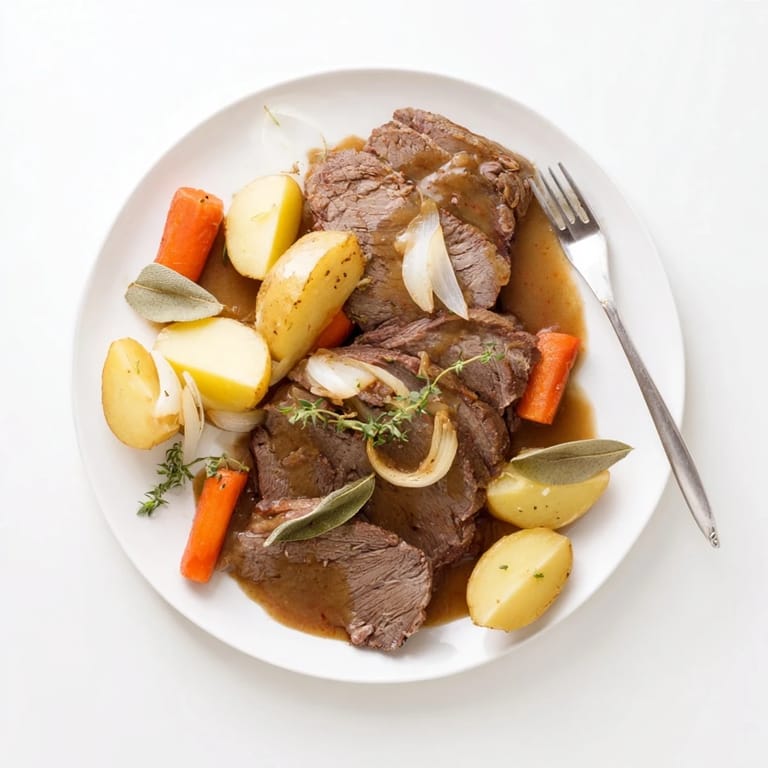 Fork-tender Beef Pot Roast with caramelized onions and carrots steaming in a hearty, glossy gravy.
