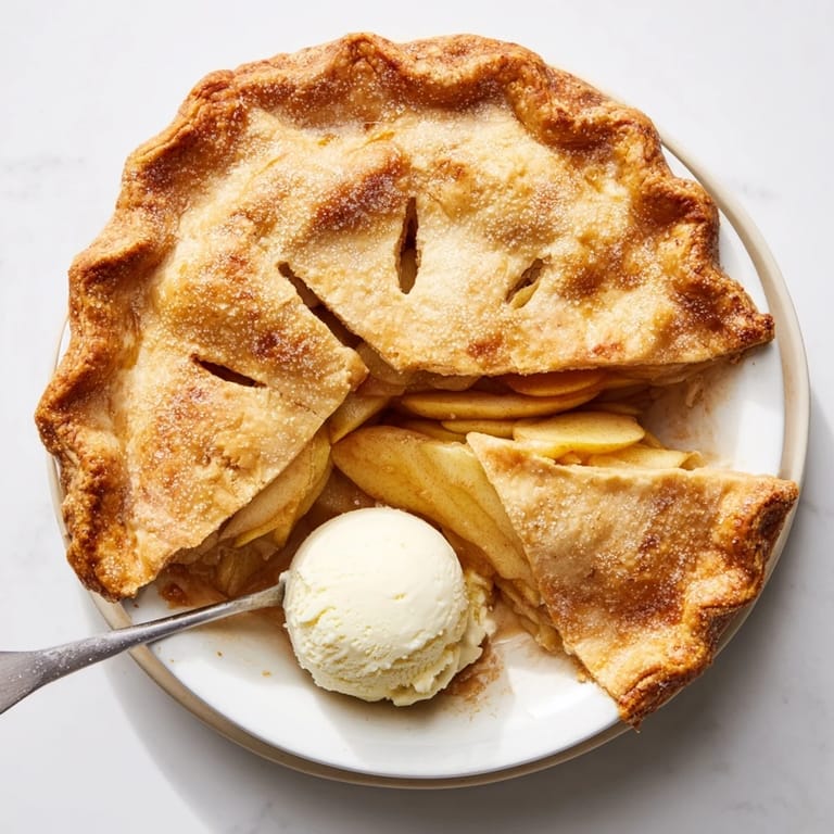 Rustic homemade Apple Pie on a wooden table, featuring flaky crust, bubbling cinnamon apples, and a scoop of melting vanilla ice cream.