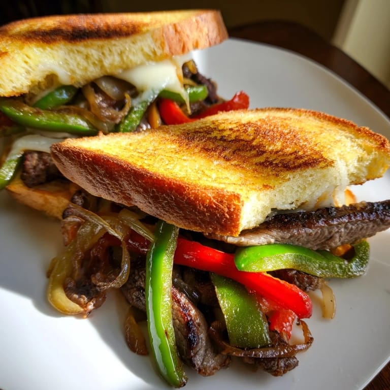 Two halves of a toasted sandwich reveal layers of caramelized onions, colorful bell peppers, and tender steak filling.