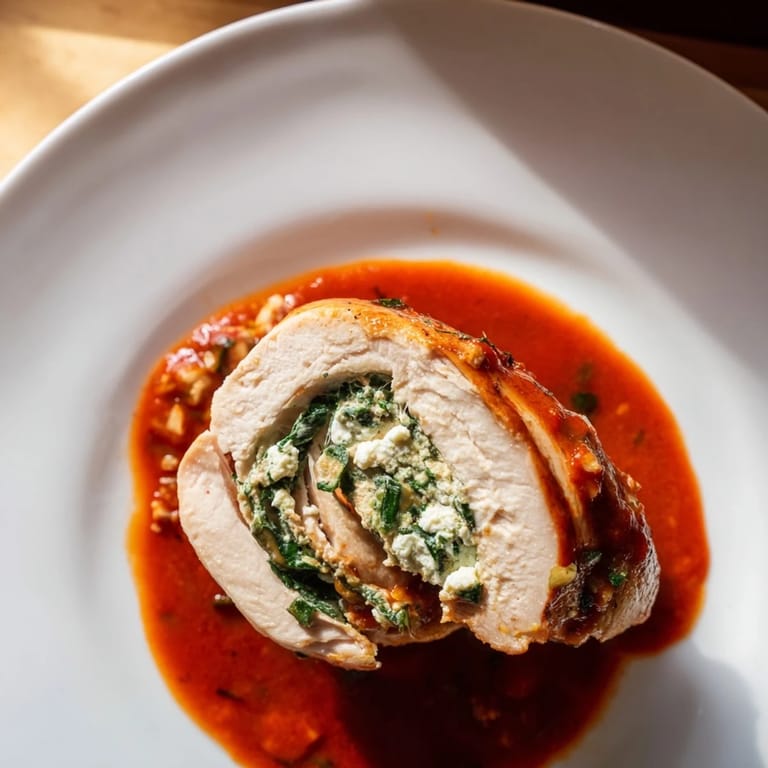 Overhead view of stuffed chicken, revealing creamy ricotta and spinach filling oozing from the tender meat onto the skillet.