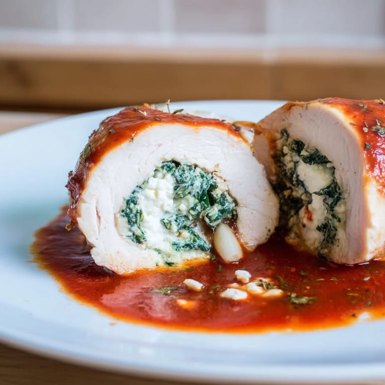 Savory Italian-style Spinach Ricotta Stuffed Chicken served alongside crusty artisan bread, perfect for a comforting family dinner.