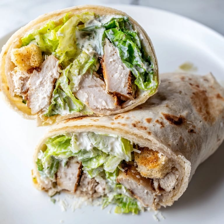 The golden-brown wrap is sliced in half, showing layers of fresh lettuce and juicy chicken inside.  
