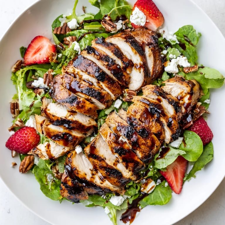 Sliced strawberries and goat cheese top this hearty Honey Balsamic Chicken Salad, garnished with red onion and a sweet balsamic drizzle.