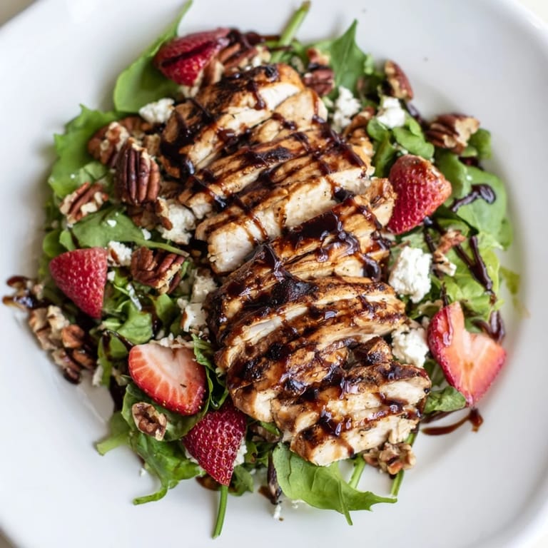 A vibrant Honey Balsamic Chicken Salad features juicy grilled chicken, sweet strawberries, and creamy goat cheese on a bed of fresh greens.  