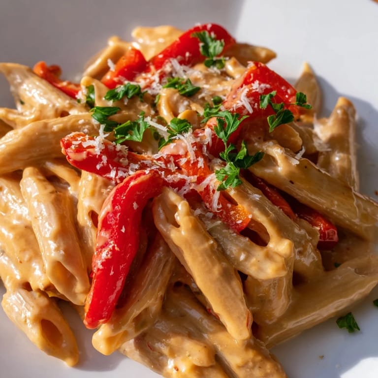 Comforting bowl of homemade creamy Cajun pasta, steam rising from al dente noodles tossed in a spicy, creamy sauce with vibrant bell peppers.