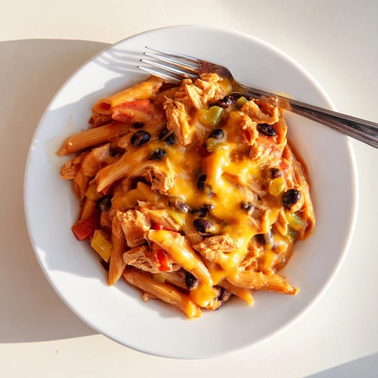 Close-up of a fork lifting cheesy Chicken Enchilada Pasta, revealing shredded chicken, black beans, and gooey Monterey Jack cheese.