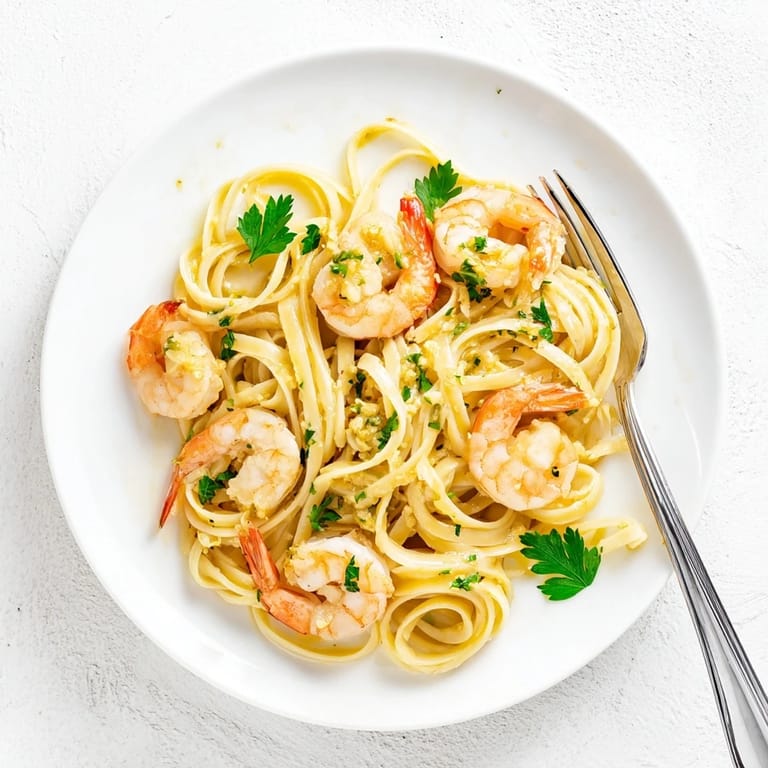 Steaming plate of homemade Garlic Butter Shrimp Linguine, garnished with parsley and a sprinkle of Parmesan cheese.