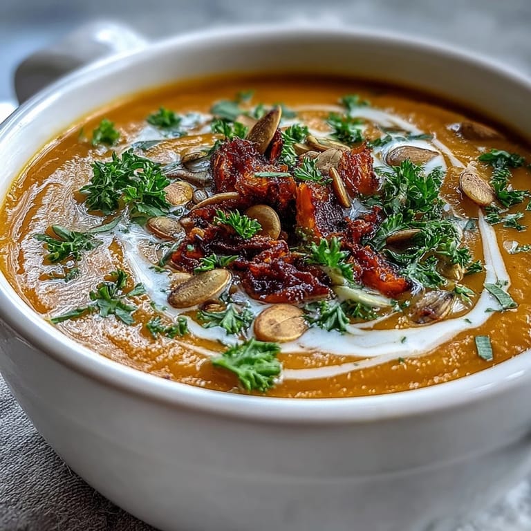 Close-up of a comforting bowl of Roasted Broccoli and Butternut Squash Soup, topped with a swirl of coconut milk and a sprinkle of toasted seeds.