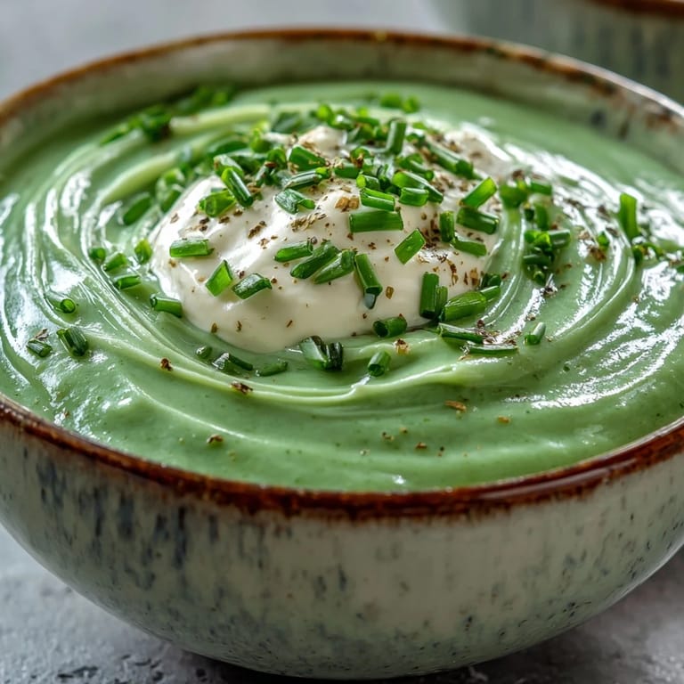 Comforting bowl of Cream of Broccoli Soup, garnished with a swirl of cream and chopped chives.