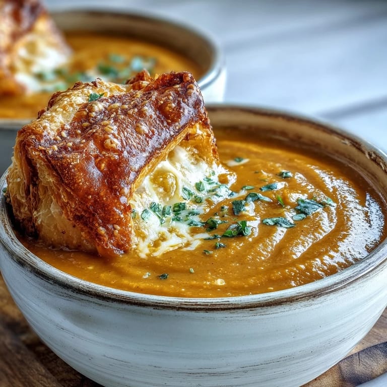 A bowl of velvety broccoli and butternut squash soup served alongside warm, homemade cheese pastries for a comforting main dish.
